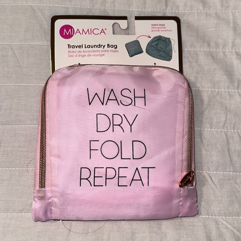 MIAMICA Pink Gold Blk “Wash Dry Fold Repeat” Foldable Travel Laundry Bag